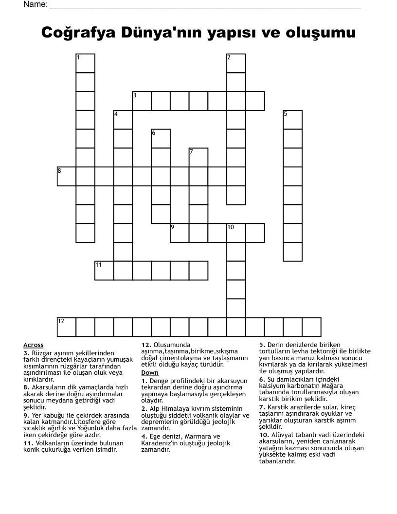 Coğrafya Dünya'nın yapısı ve oluşumu Crossword
