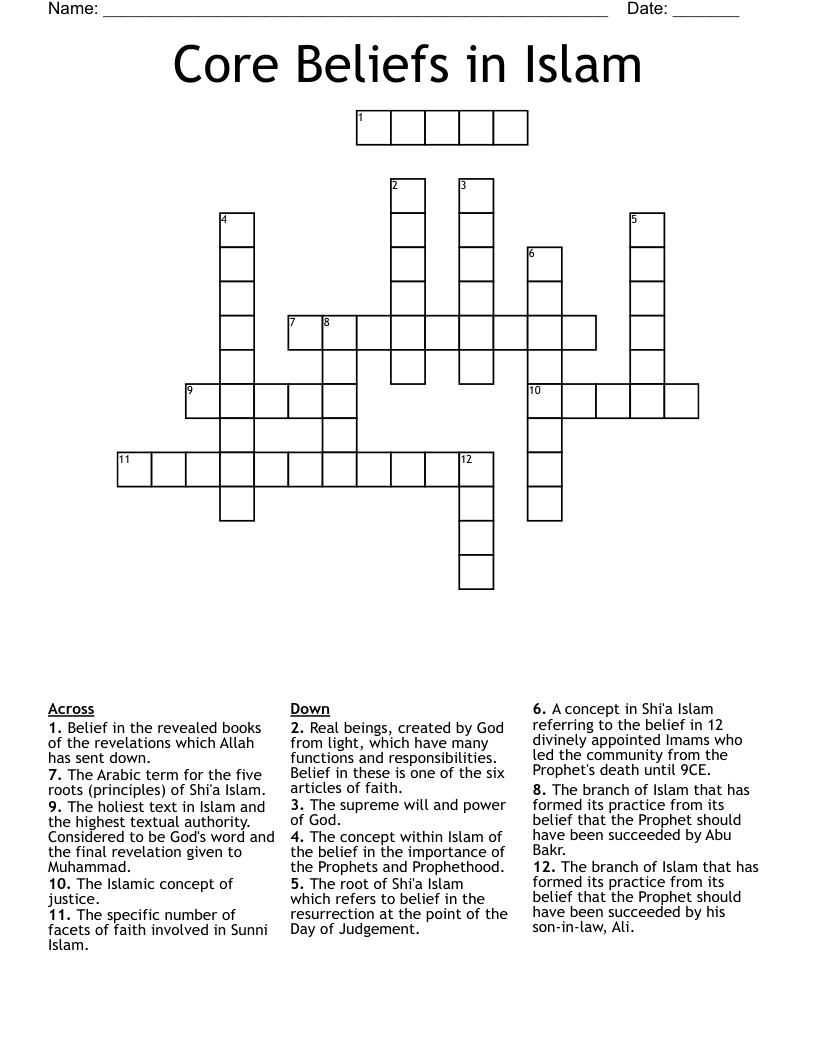 Core Beliefs in Islam Crossword