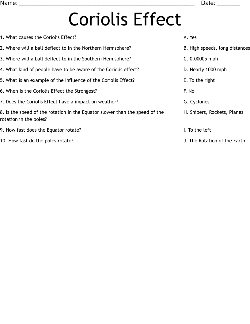 Coriolis Effect Worksheet