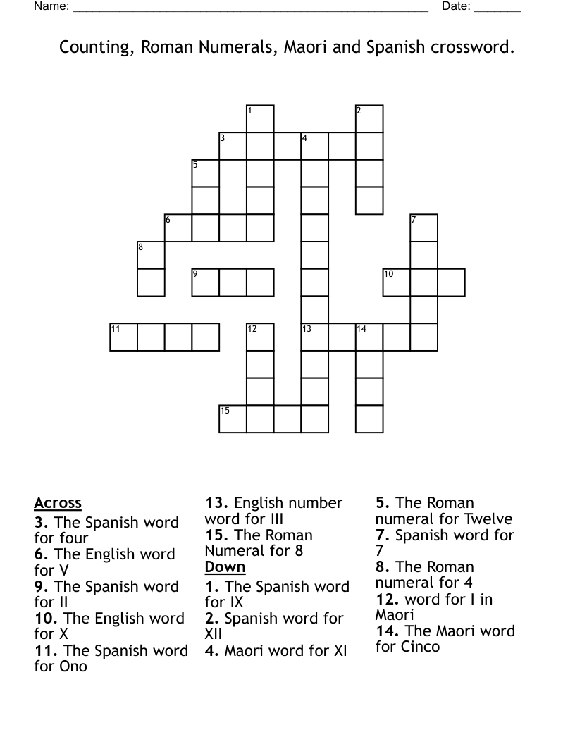 Counting, Roman Numerals, Maori and Spanish crossword.