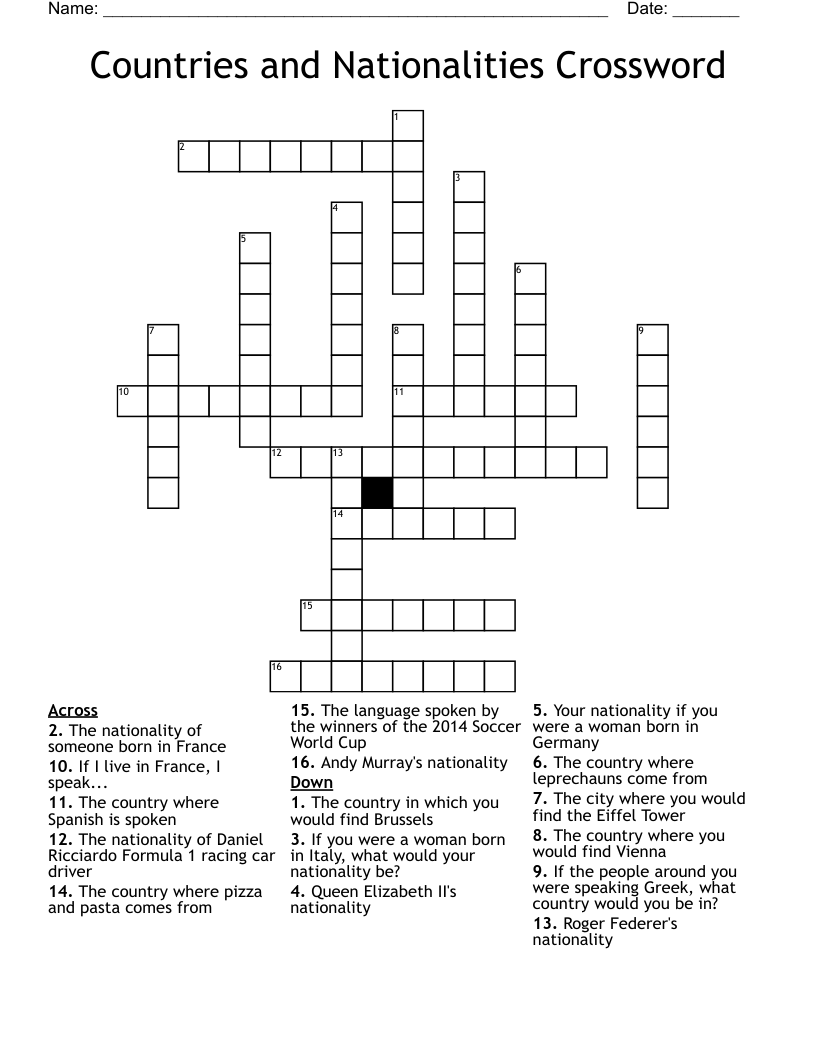 Countries and Nationalities Crossword 
