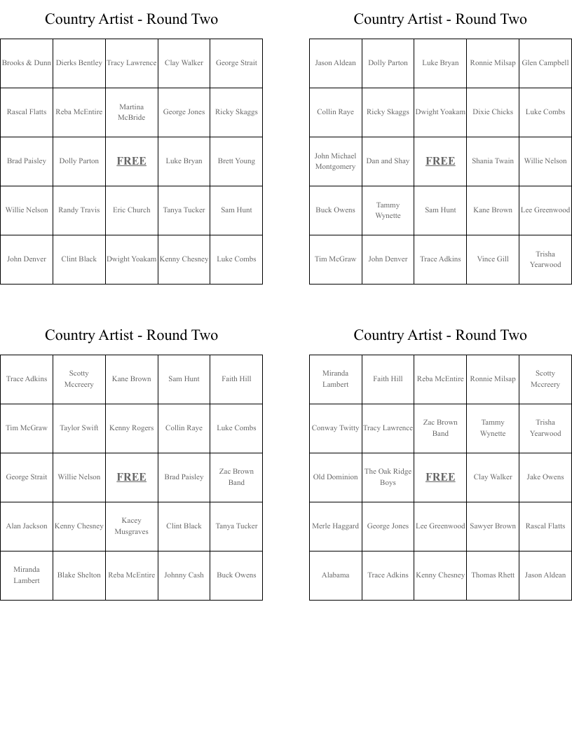 Country Artist - Round Two Bingo Cards