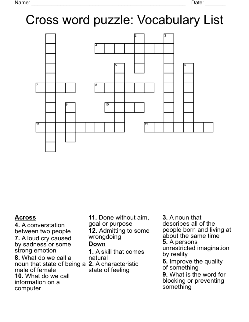 Cross word puzzle: Vocabulary List