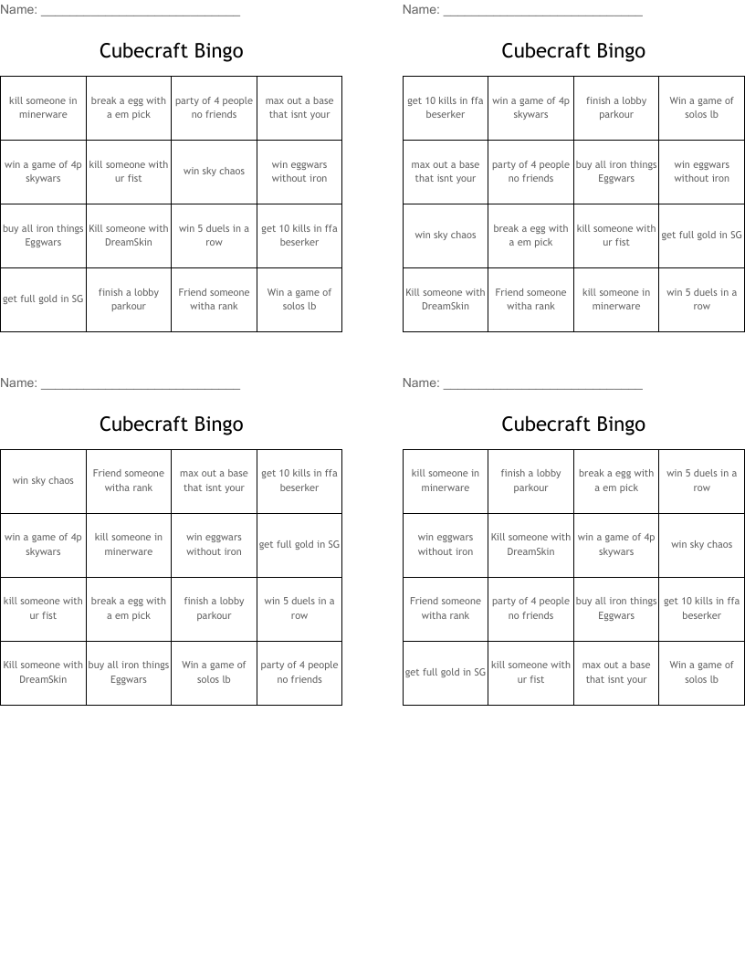 Cubecraft Bingo