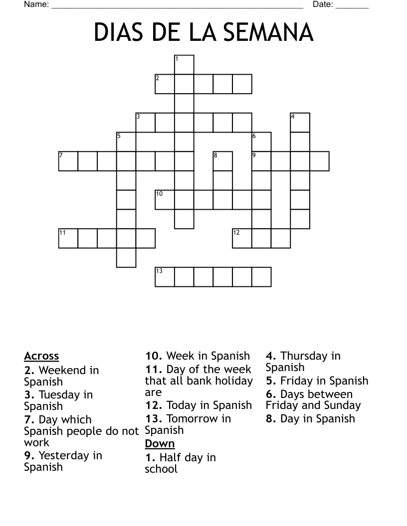 DIAS DE LA SEMANA Crossword