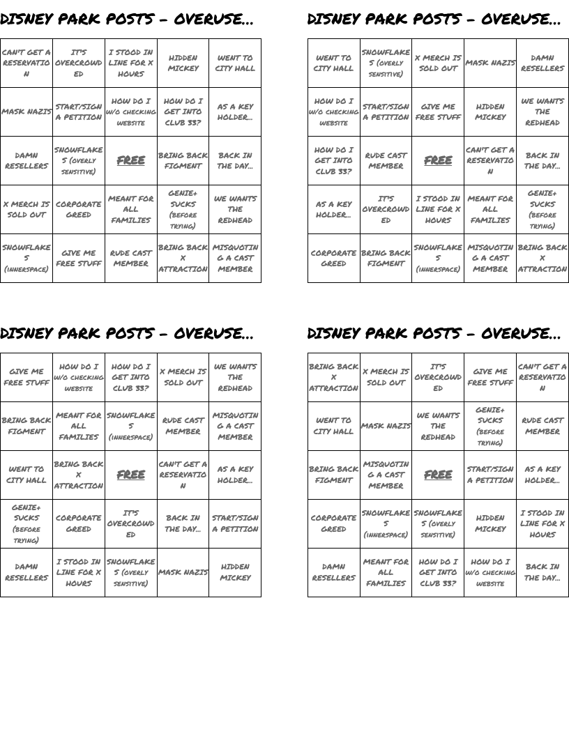 DISNEY PARK POSTS - OVERUSED PHRASES BINGO 2