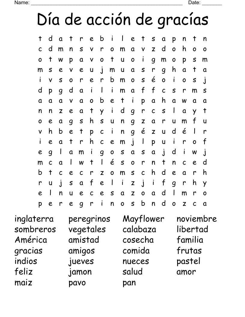 Día de acción de gracías Word Search