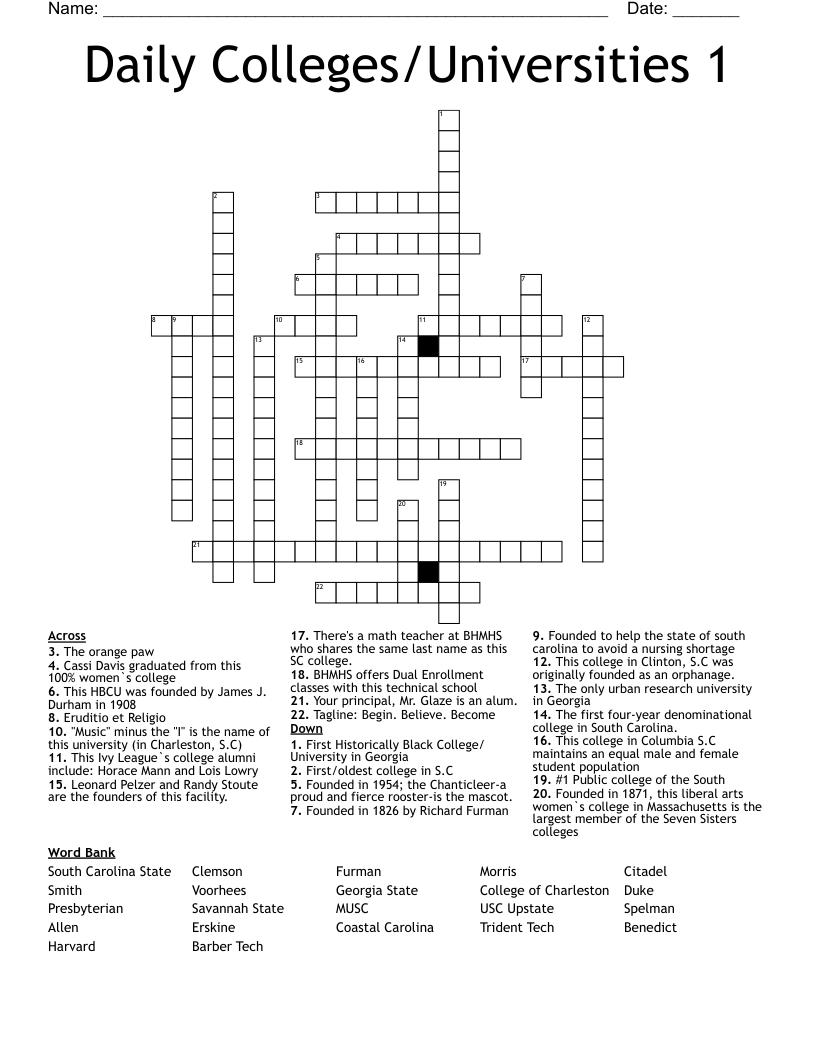 Daily Colleges/Universities 1 Crossword