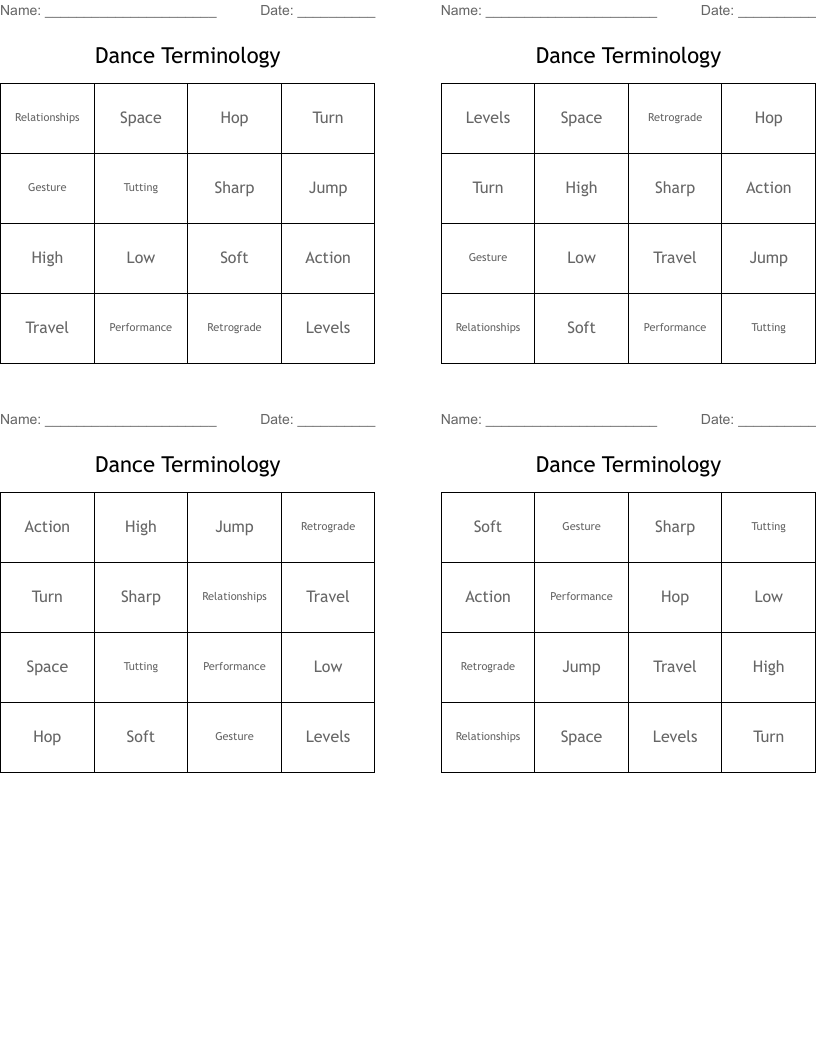Dance Terminology Bingo Cards