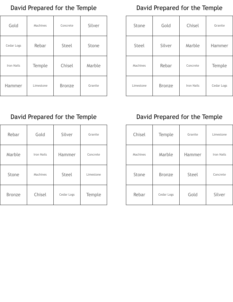 David Prepared for the Temple Bingo Cards