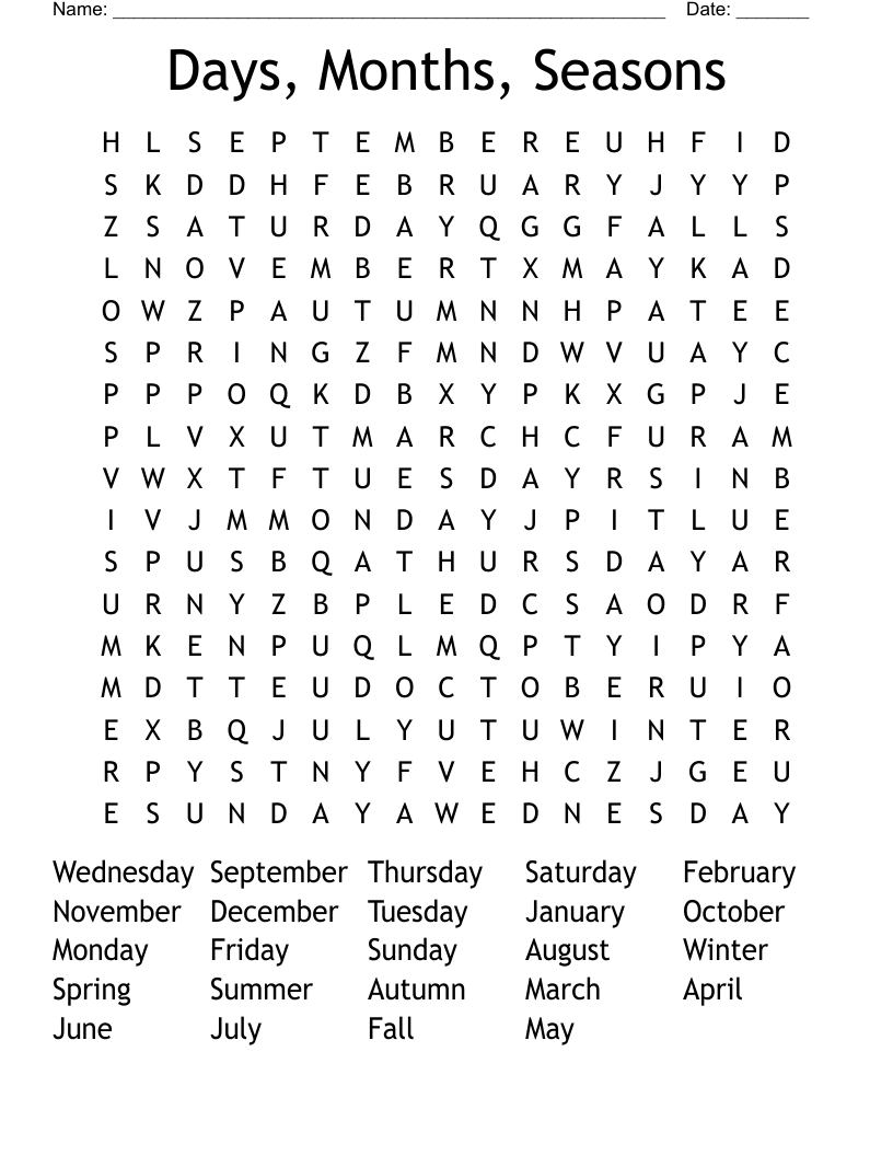 Days, Months, Seasons Word Search