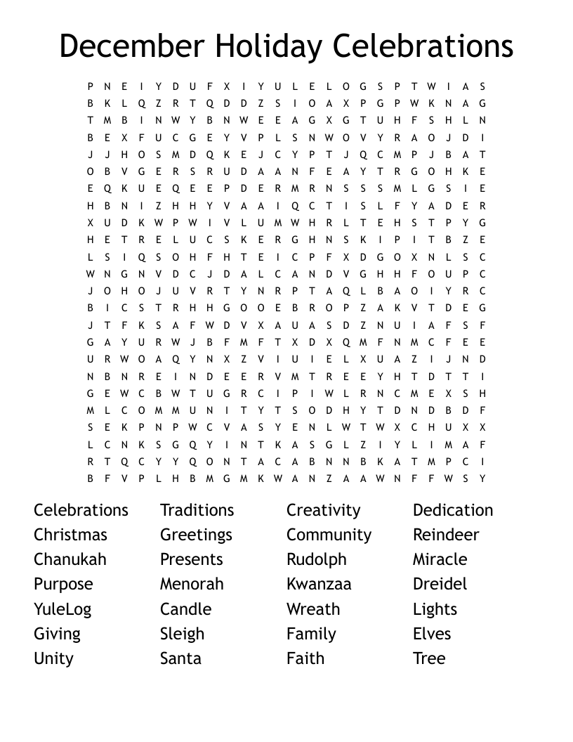December Holiday Celebrations Word Search