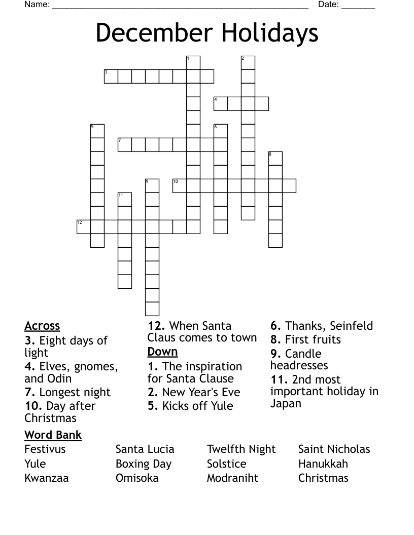 December Holidays Crossword