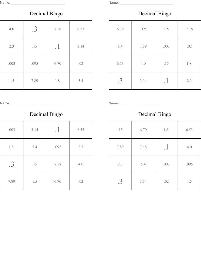 Decimal Bingo