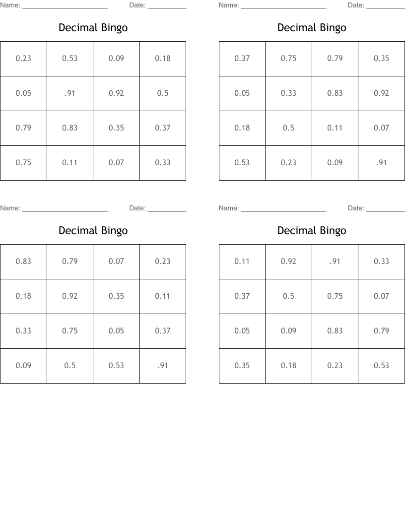 Decimal Bingo