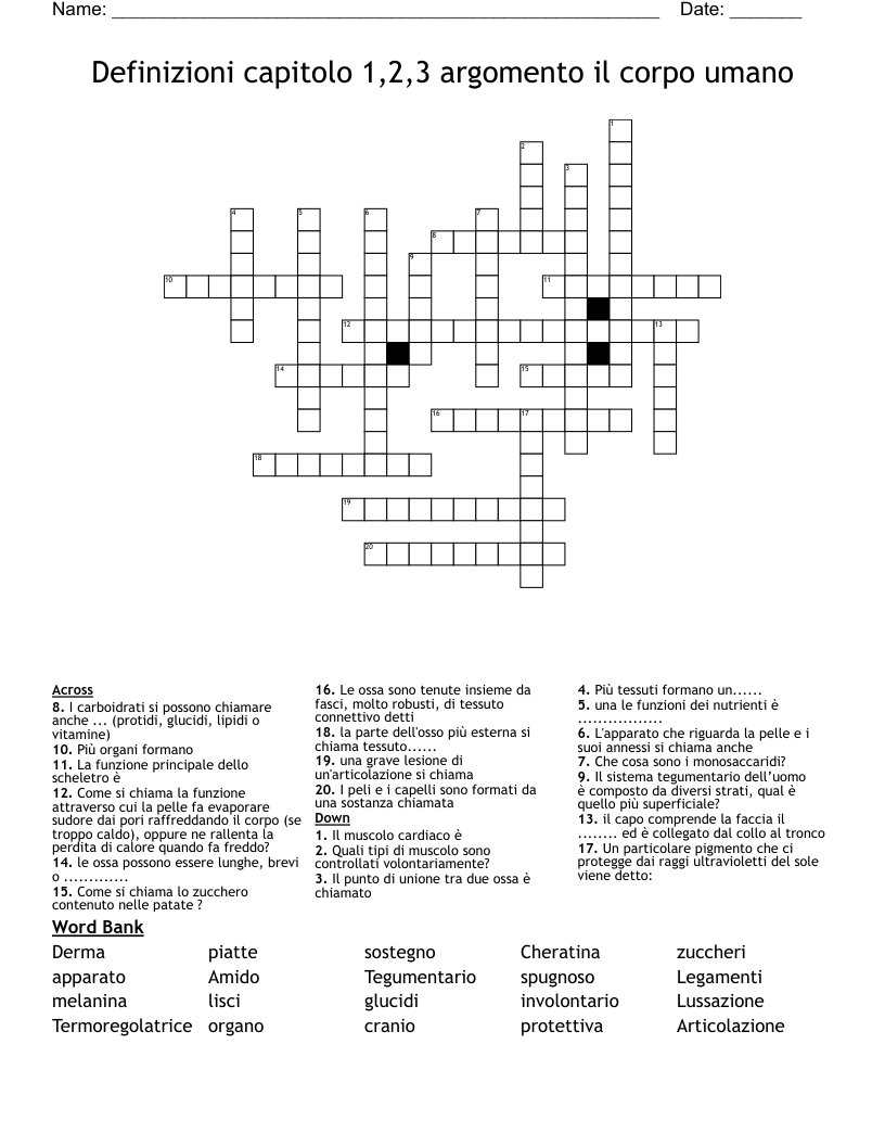 Definizioni capitolo 1,2,3 argomento il corpo umano Crossword