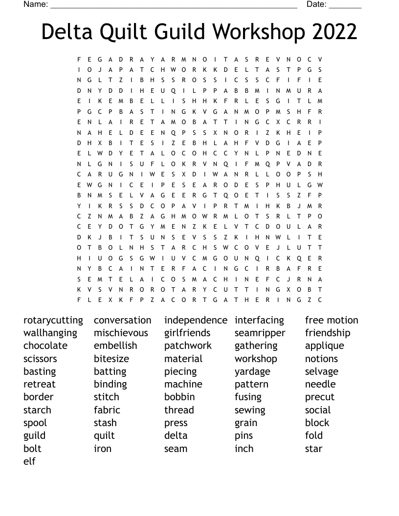 Delta Quilt Guild Workshop 2022 Word Search