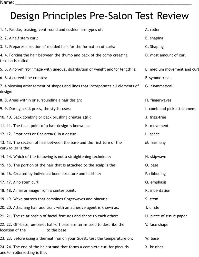 Design Principles Pre-Salon Test Review Worksheet