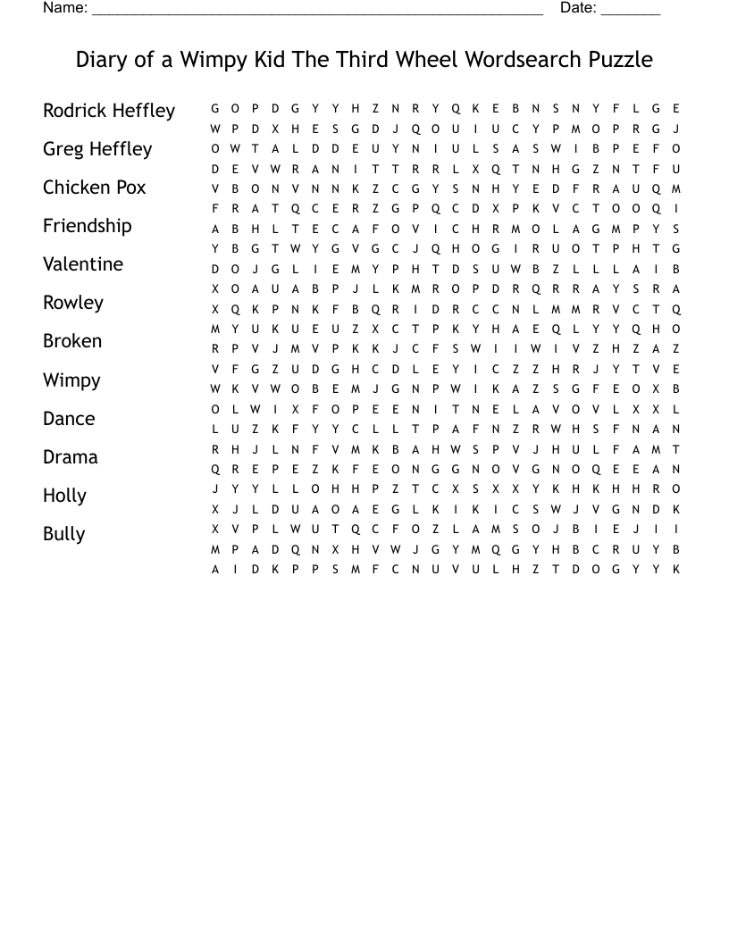 Diary of a Wimpy Kid The Third Wheel Wordsearch Puzzle
