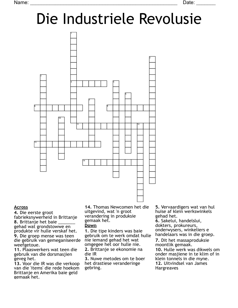 Die Industriele Revolusie Crossword