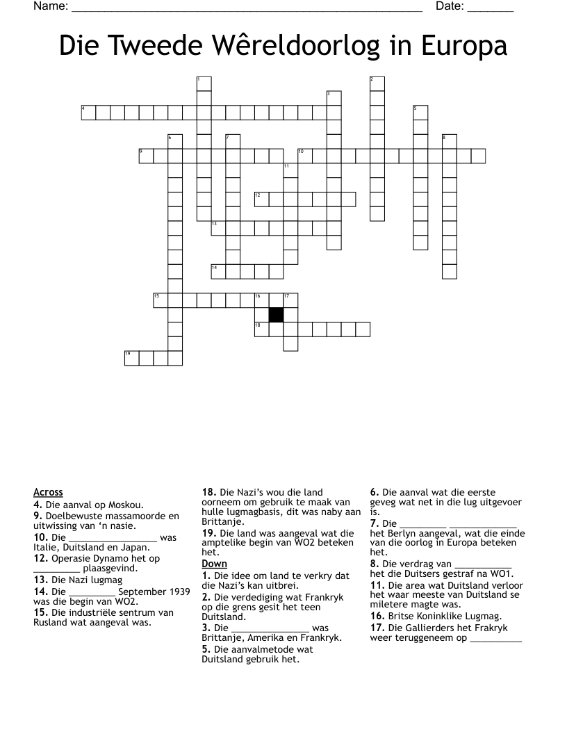 Die Tweede Wêreldoorlog in Europa Crossword