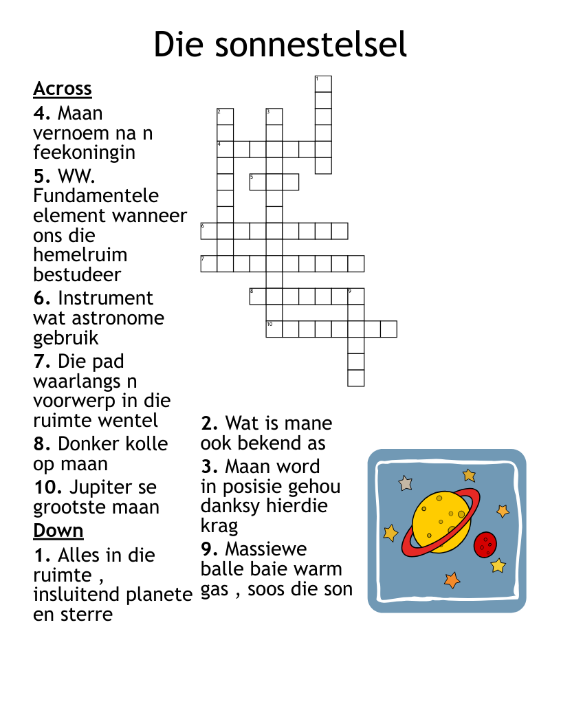Die sonnestelsel Crossword