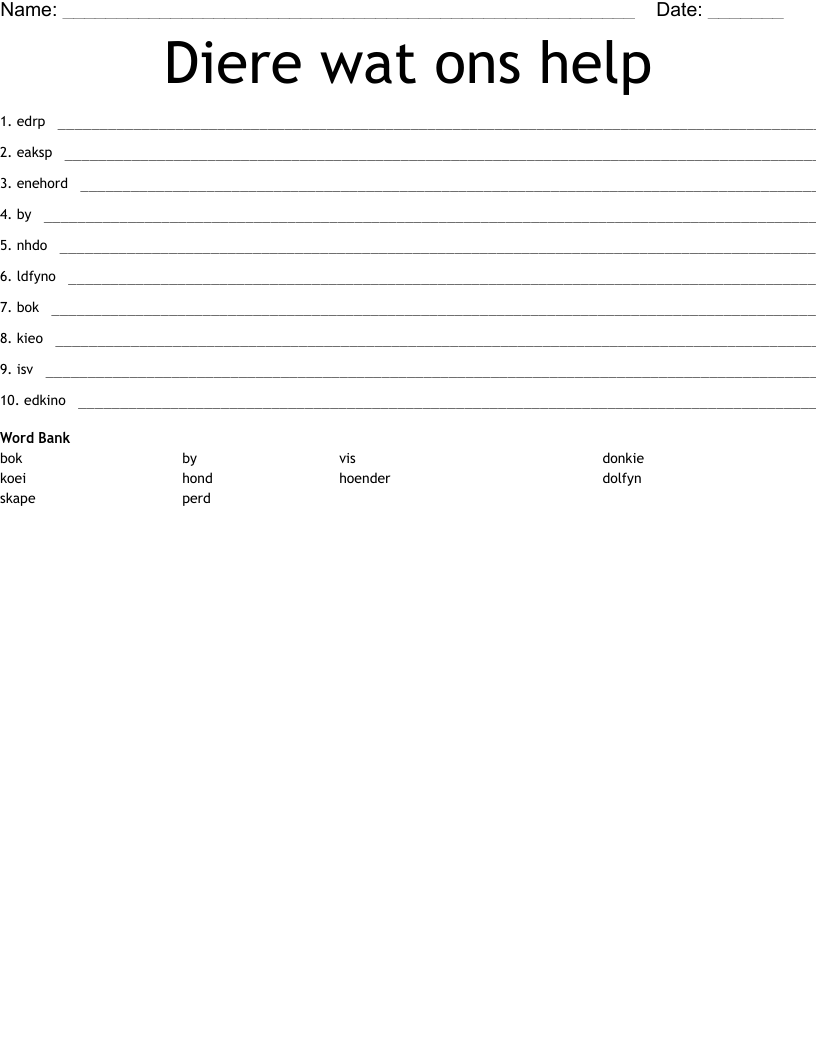 Diere wat ons help Word Scramble