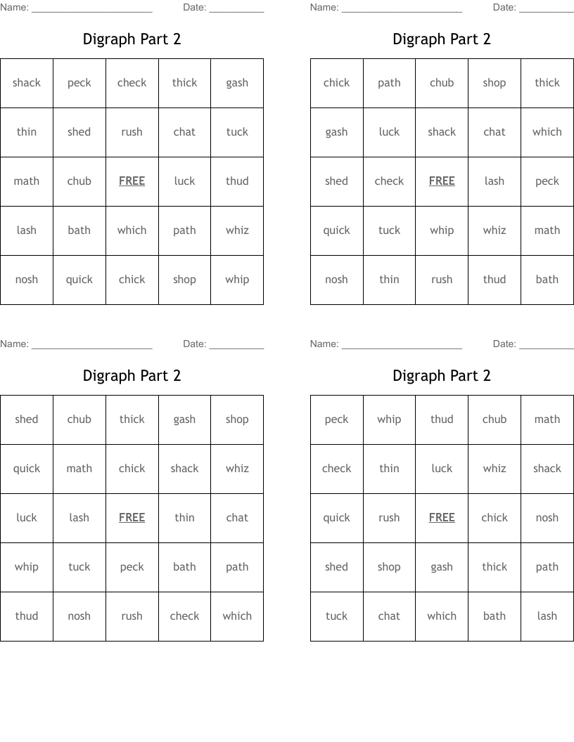 Digraph Part 2 Bingo Cards