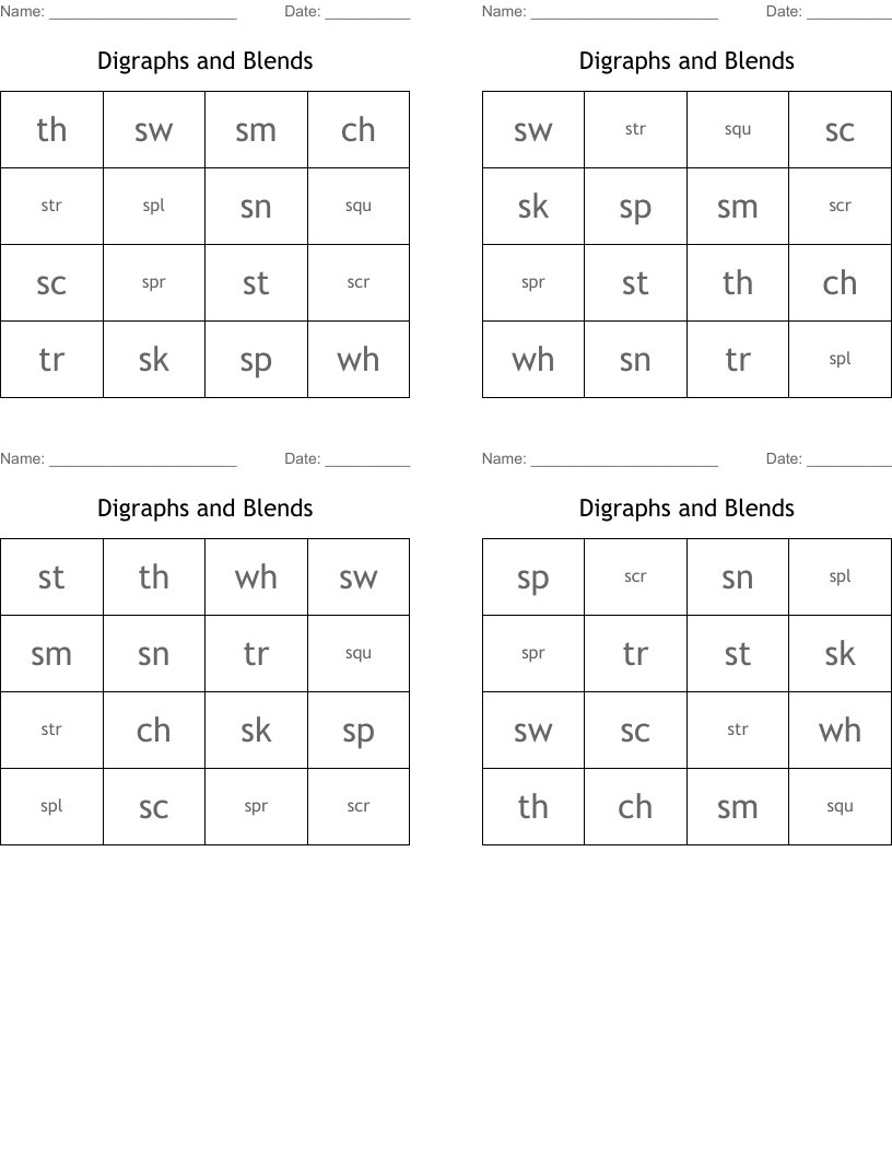 Digraphs and Blends Bingo Cards