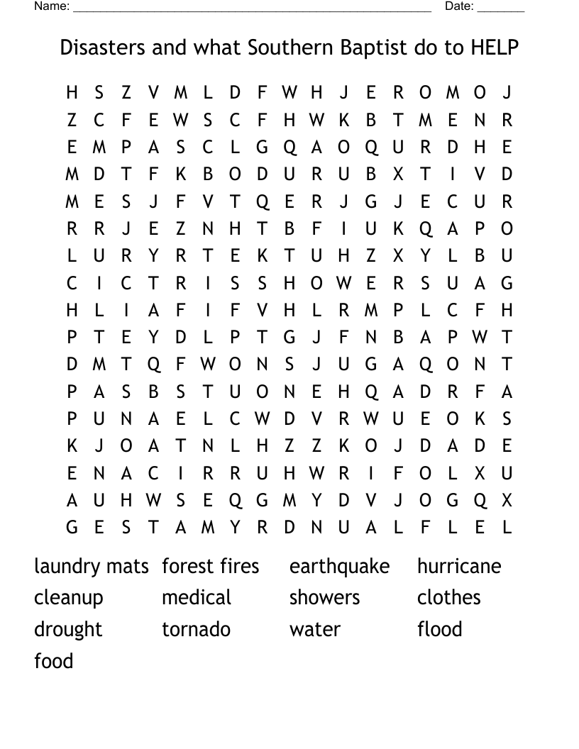 Disasters and what Southern Baptist do to HELP Word Search