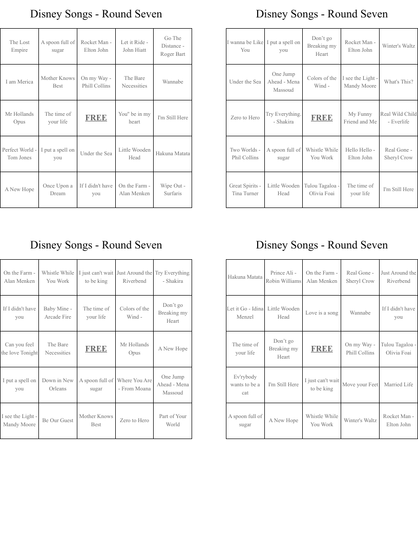Disney Songs - Round Seven Bingo Cards