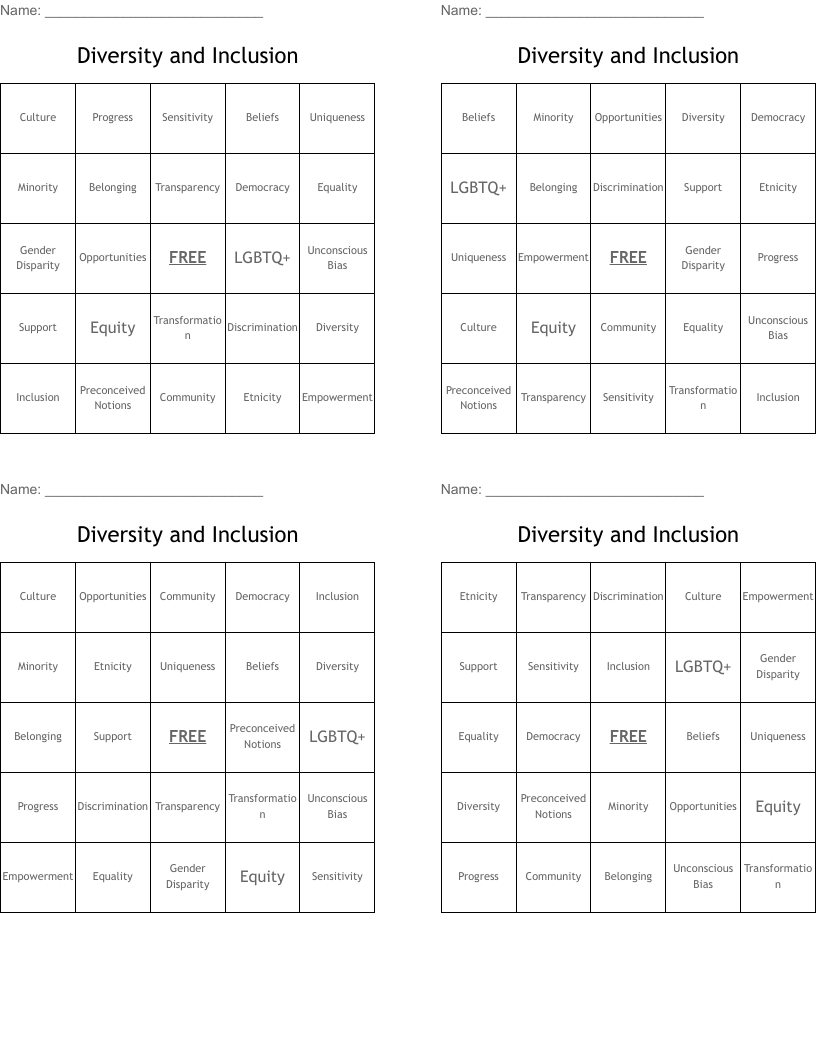 Diversity and Inclusion Bingo Cards