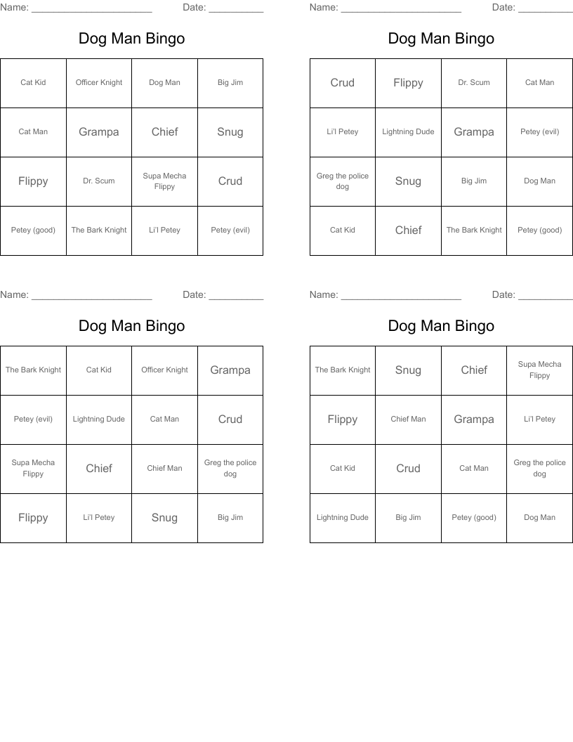 Dog Man Bingo