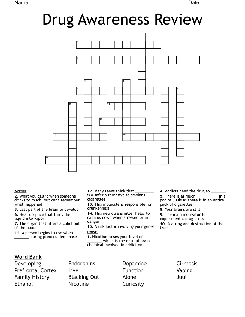 Drug Awareness Review Crossword