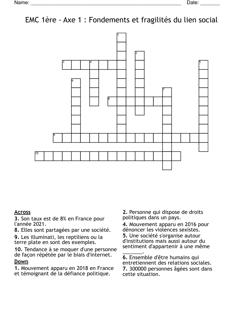 EMC 1ère - Axe 1 : Fondements et fragilités du lien social Crossword
