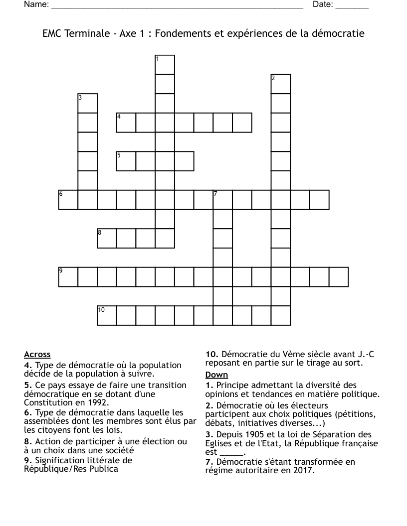 EMC Terminale - Axe 1 : Fondements et expériences de la démocratie Crossword