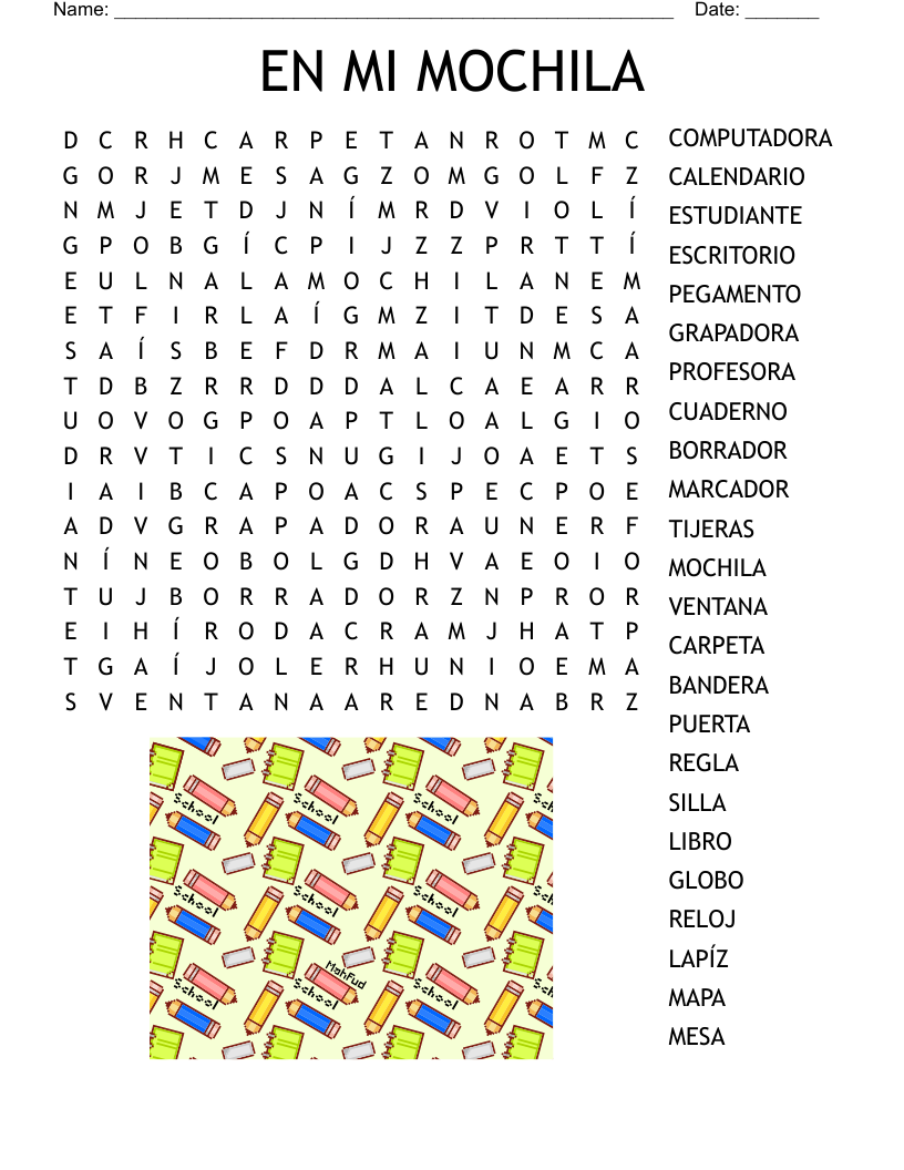 EN MI MOCHILA Word Search