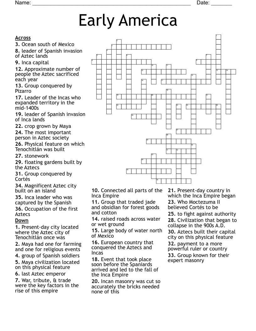 Early America Crossword