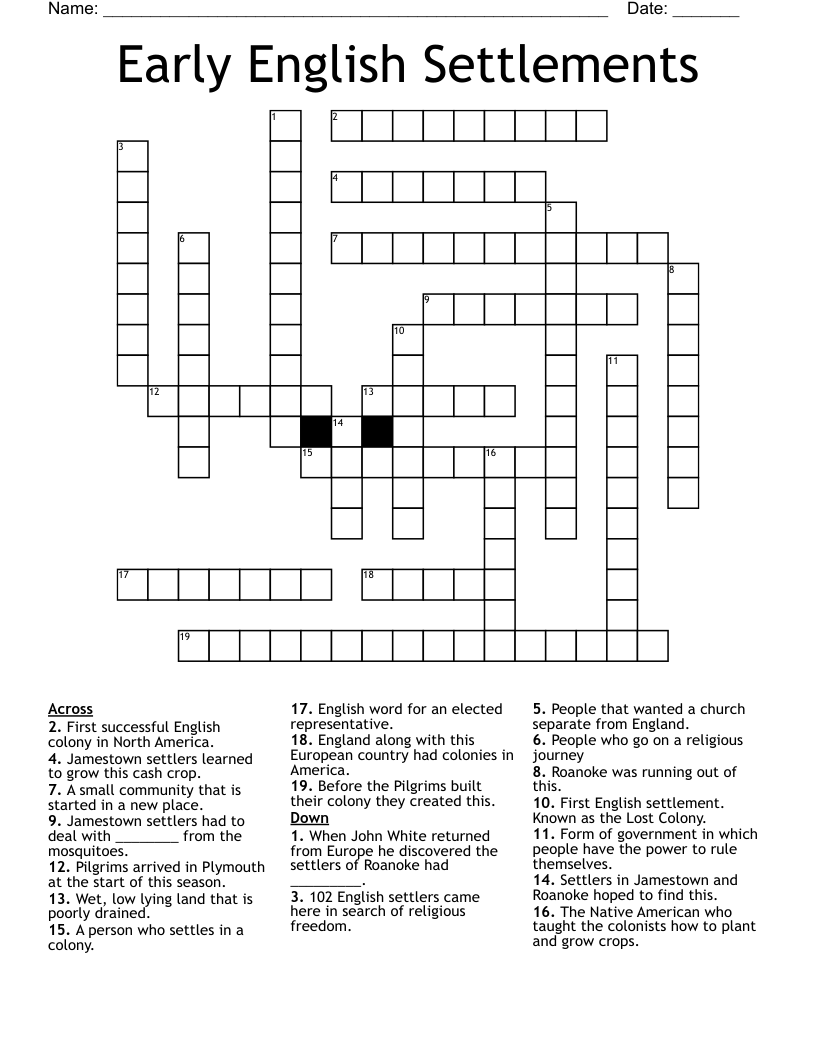 Early English Settlements Crossword