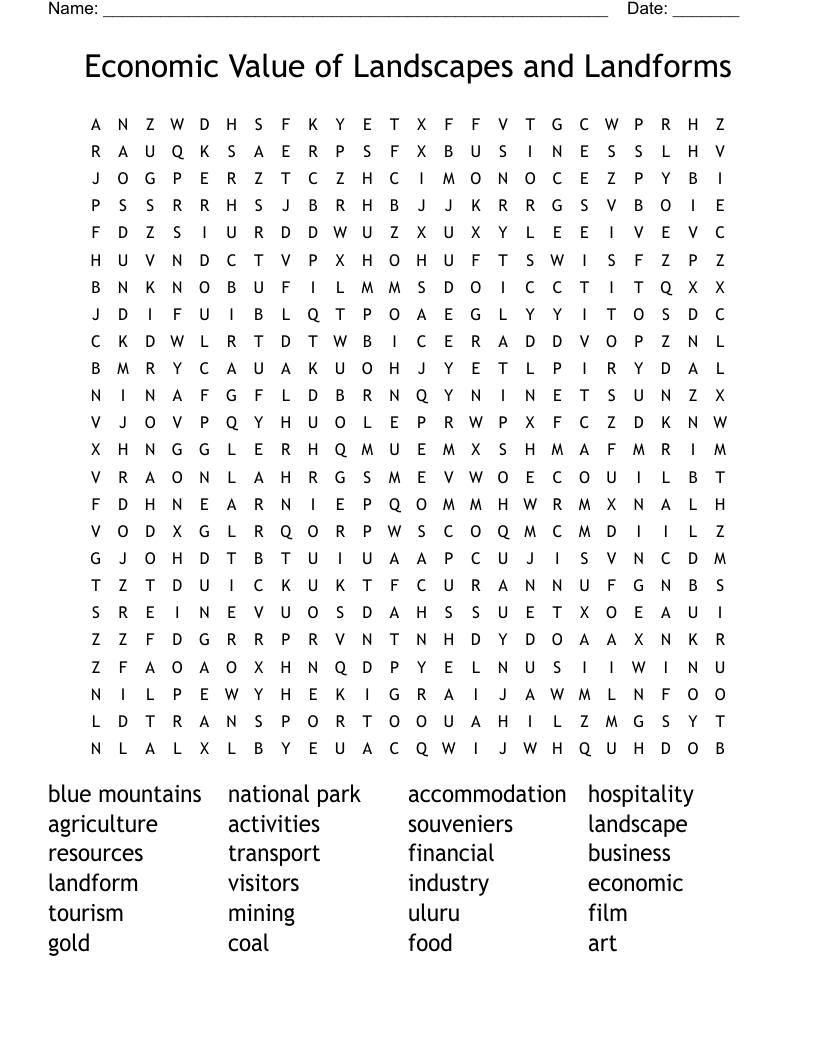 Economic Value of Landscapes and Landforms Word Search