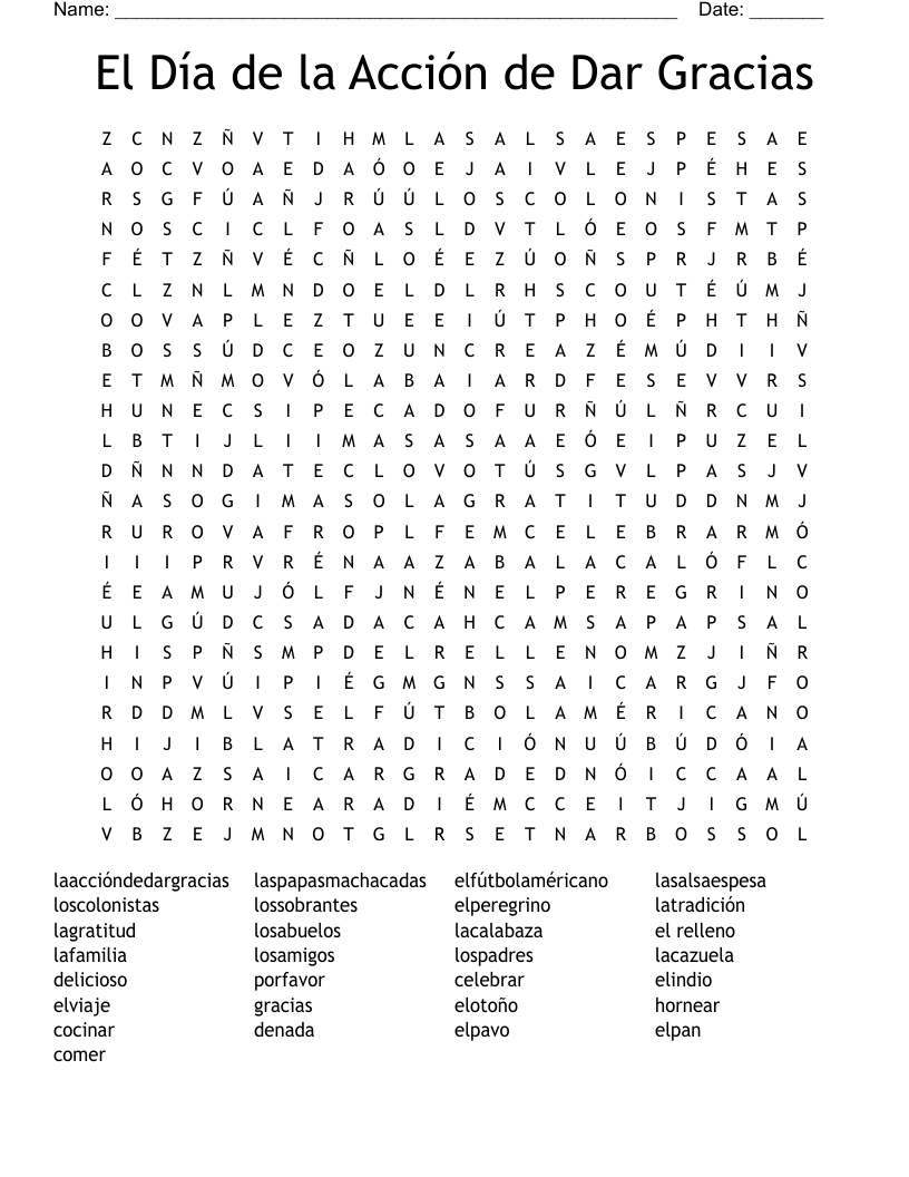 El Día de la Acción de Dar Gracias Word Search