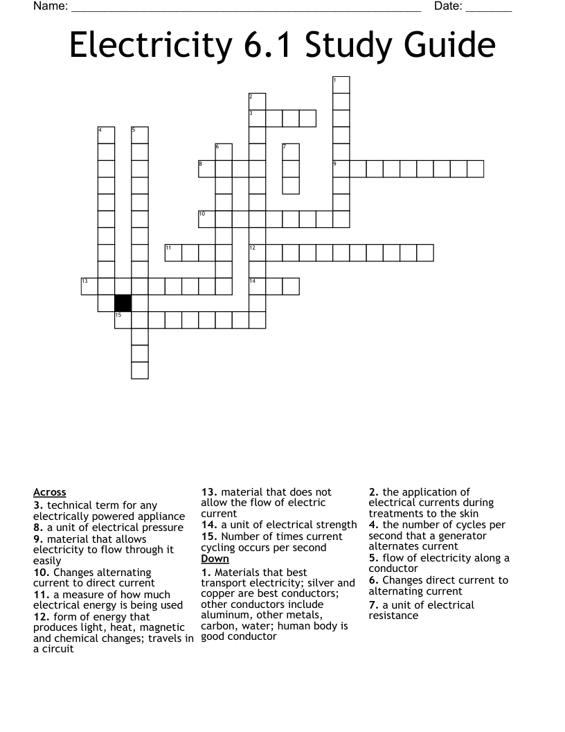 Electricity 6.1 Study Guide Crossword
