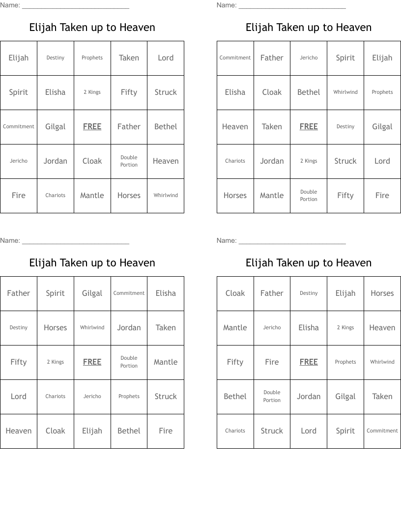 Elijah Taken up to Heaven Bingo Cards
