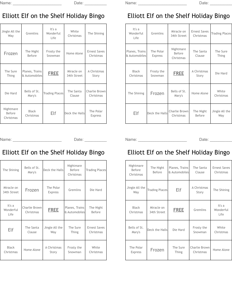 Elliott Elf on the Shelf Holiday Bingo