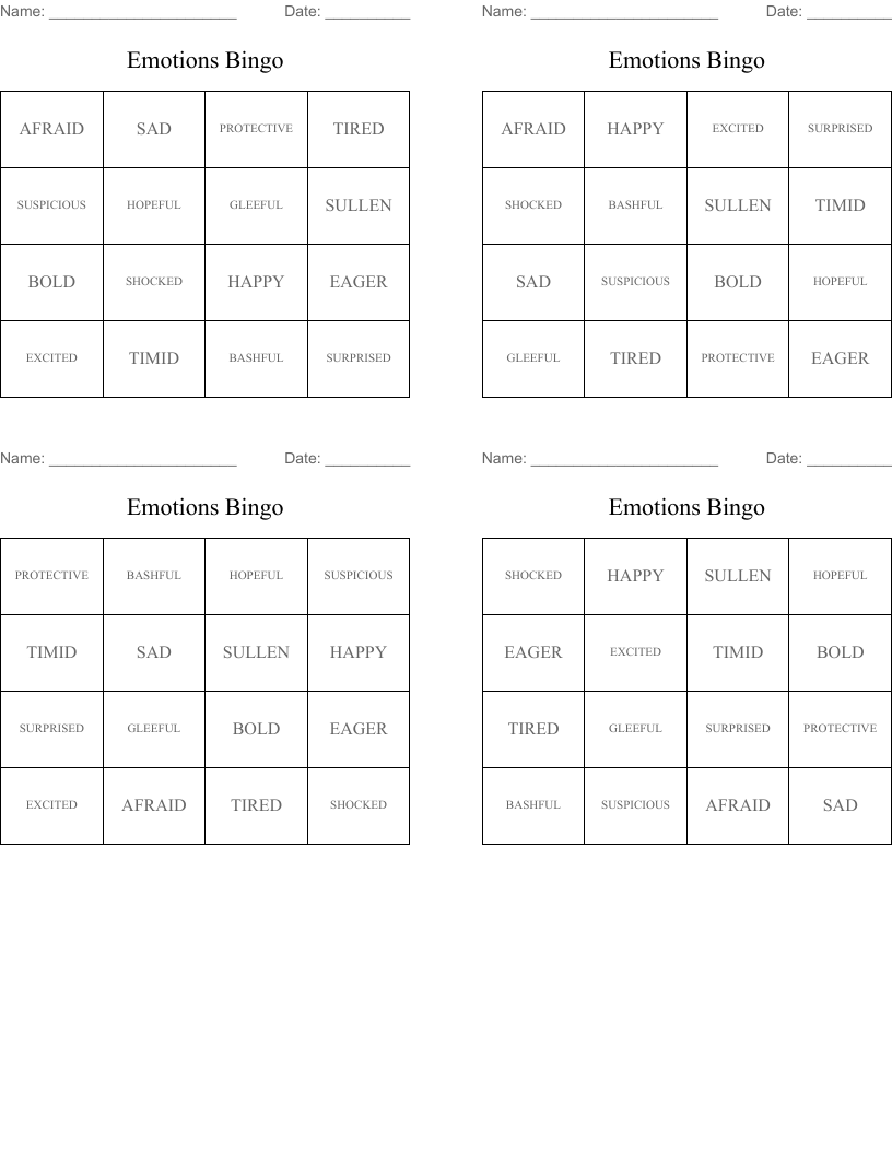 Emotions Bingo