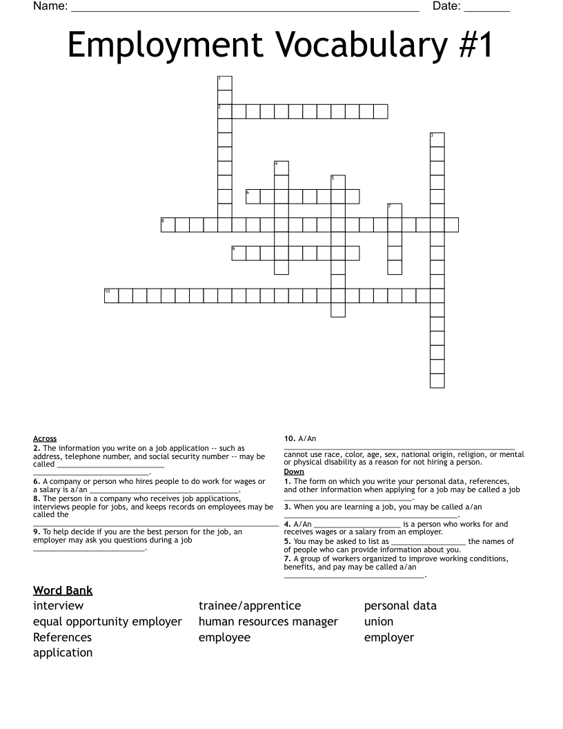 Employment Vocabulary #1 Crossword