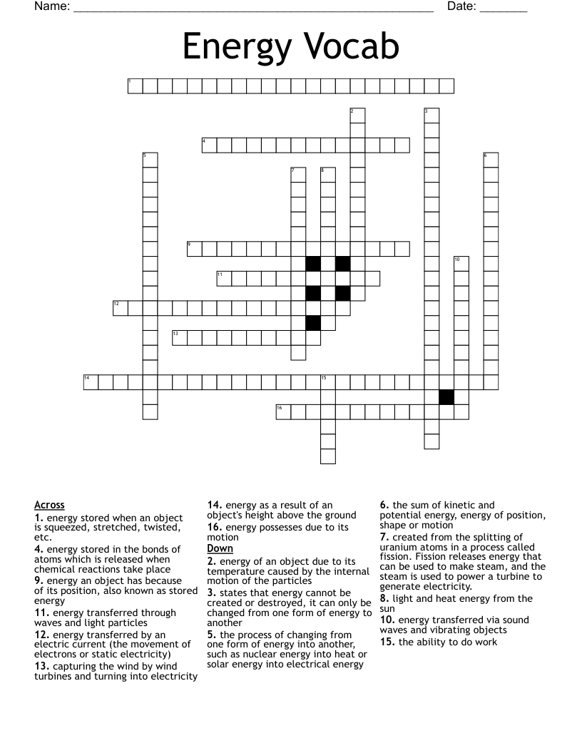 Energy Vocab Crossword