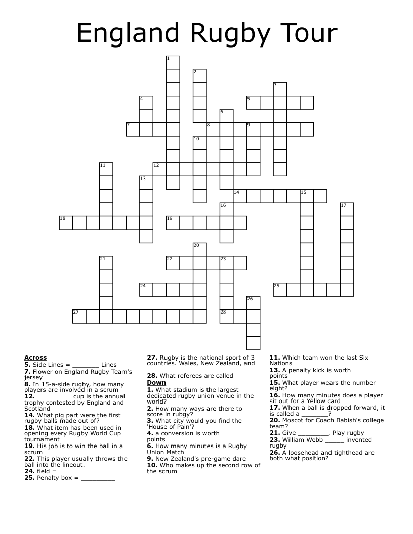 England Rugby Tour Crossword