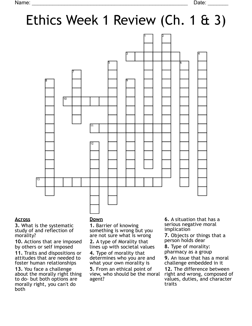 Ethics Week 1 Review (Ch. 1 & 3) Crossword
