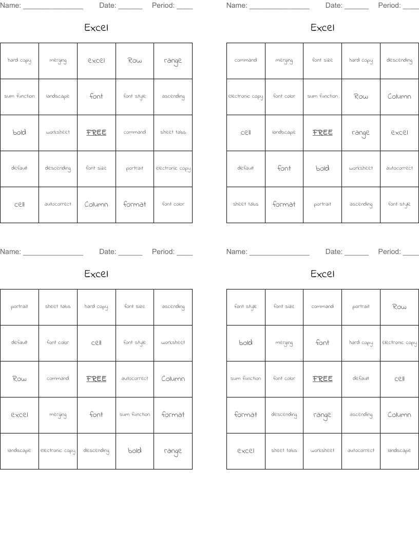 Excel  Bingo Cards